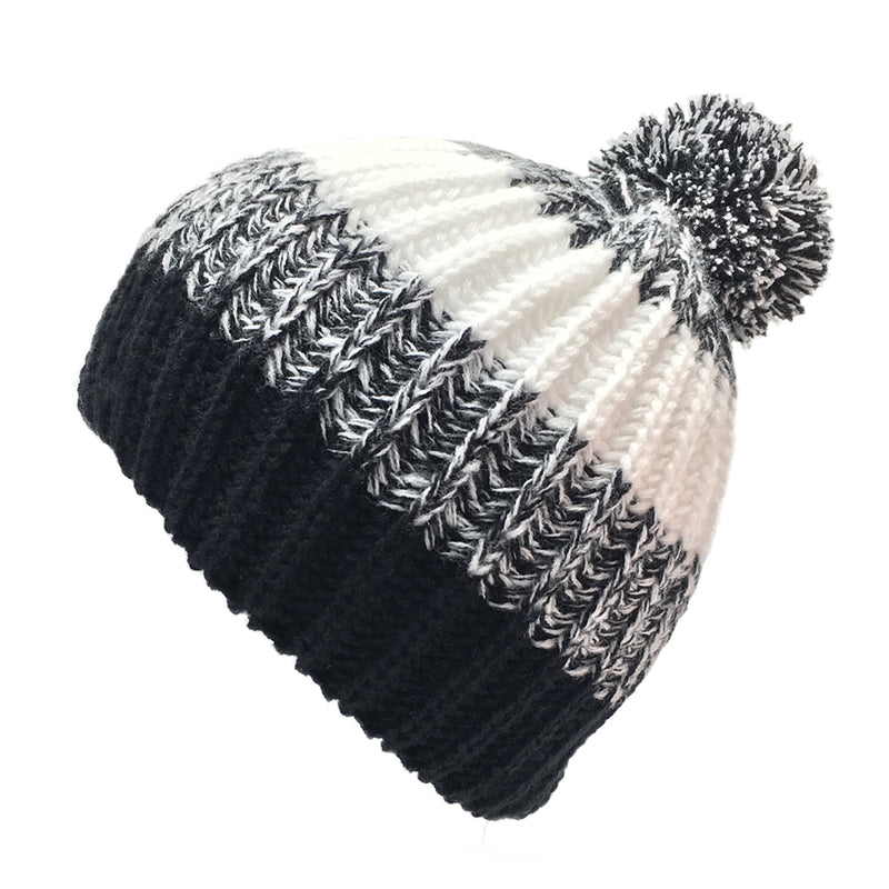Load image into Gallery viewer, Kids Heavy Knit 2-Tone Striped Pom Hat
