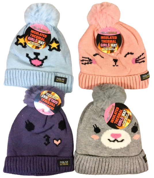 Polar Extreme Toddler Girl Critter Knit Cuff Hat w/ Polar Fleece Lining and Pom