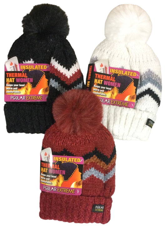 Women's Polar Extreme Heat Chevron Chenille Cuff Hat w/ Faux Fur Pom